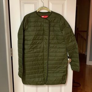 Nike Primaloft Quilted Collarless Long Jacket Olive Green Womens Size Medium